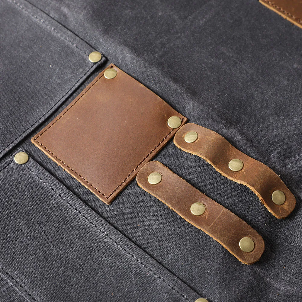 S.WORKER Leinwand-Arbeitsschürze mit Echtem Leder für Friseure und Gärtner, Professionelle Schürze mit Verstellbarer Taille und Taschen – Detail 9