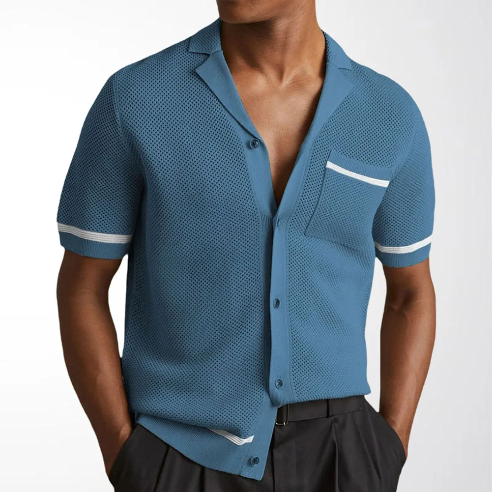 Short Sleeve Knit Cardigan for Men Vacation Look Hollow Design Solid Color Top Fits Over Shirt Gray Green Blue