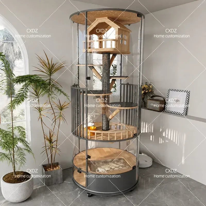 360 Degree Panoramic Cat Villa Large Space Luxury Glass Room Cat Nest Showcase Cage with Toilet