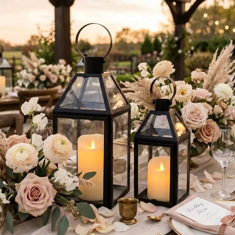 Set Of 2 Black Decorative Empty Lanterns 13'&10' H Metal Candle Holders With Tempered Glass For Home Decor Living Room Parties W