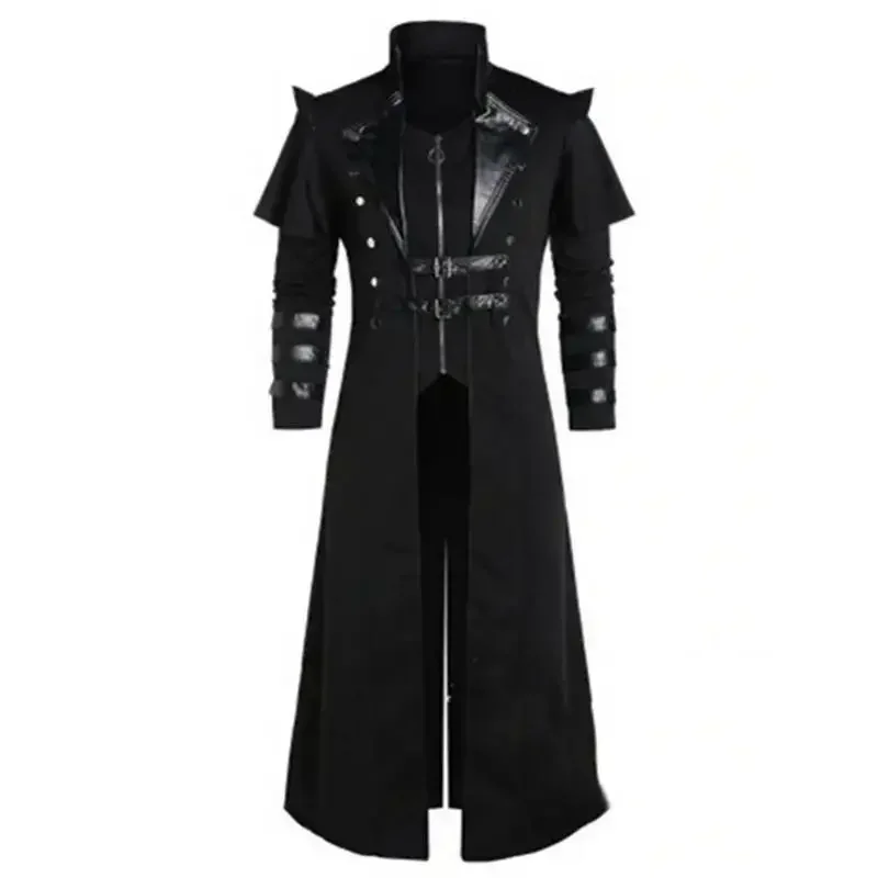 Halloween Costume Medieval steampunk Orthopedic Pirate Costume For Adults Black Vintage Long Split Jacket Armor G