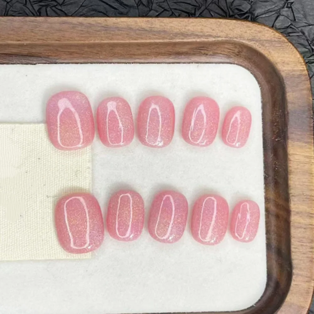 10pcs Wearable Summer Handmade Press on Nails Set Purple Cat's Eye Short Round False Nails Tips Simple Solid Color Fake Nail Art
