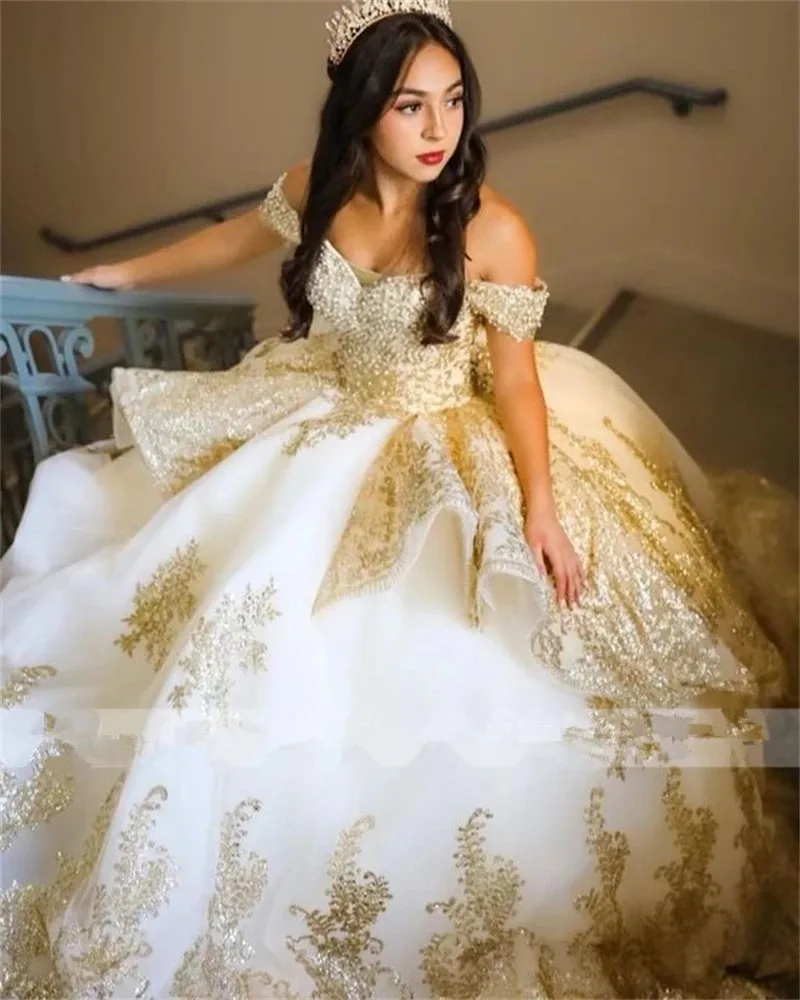 Luxury Gold Pearls Lace Quinceanera Dresses 2023 Off Shoulder Ball Gown lace-up Corset Birthday prom Customized