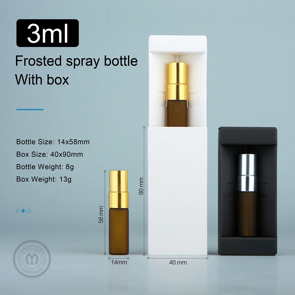 50Pcs/Lot 3ml Amber Frosted Glass Spray Bottle Perfume Box Fine Mist Refillable Bottles Aluminium Cap Perfume Bottle