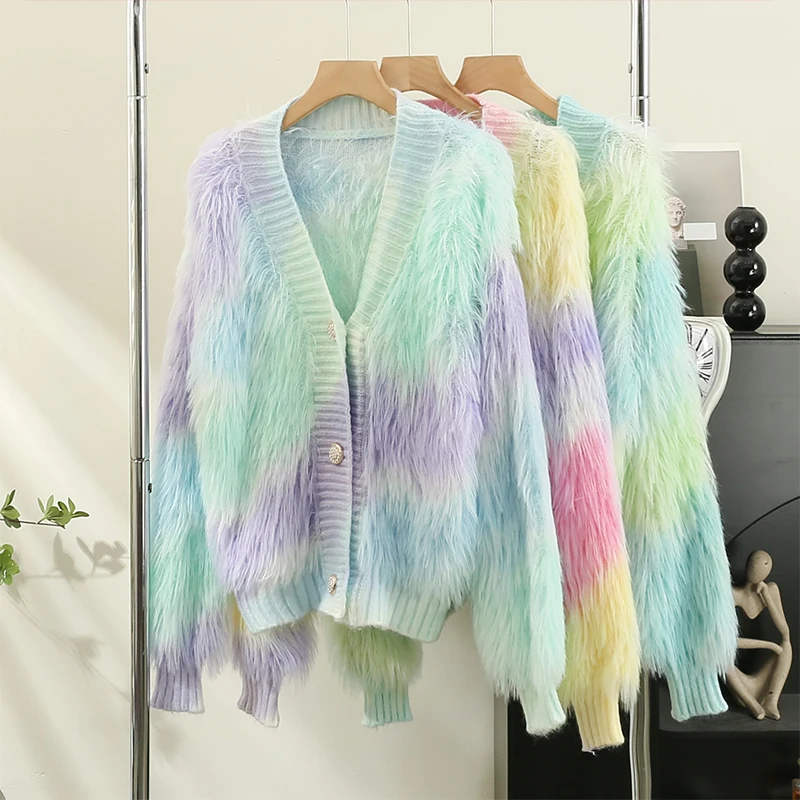 Colorful Striped Knitted Cardigan Sweater For Women\'s Autumn Winter 2023 Lazy Style Loose V-neck Sweet Comfortable Soft Coat