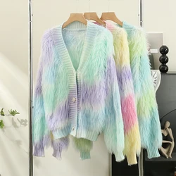 Colorful Striped Knitted Cardigan Sweater For Women's Autumn Winter 2023 Lazy Style Loose V-neck Sweet Comfortable Soft Coat