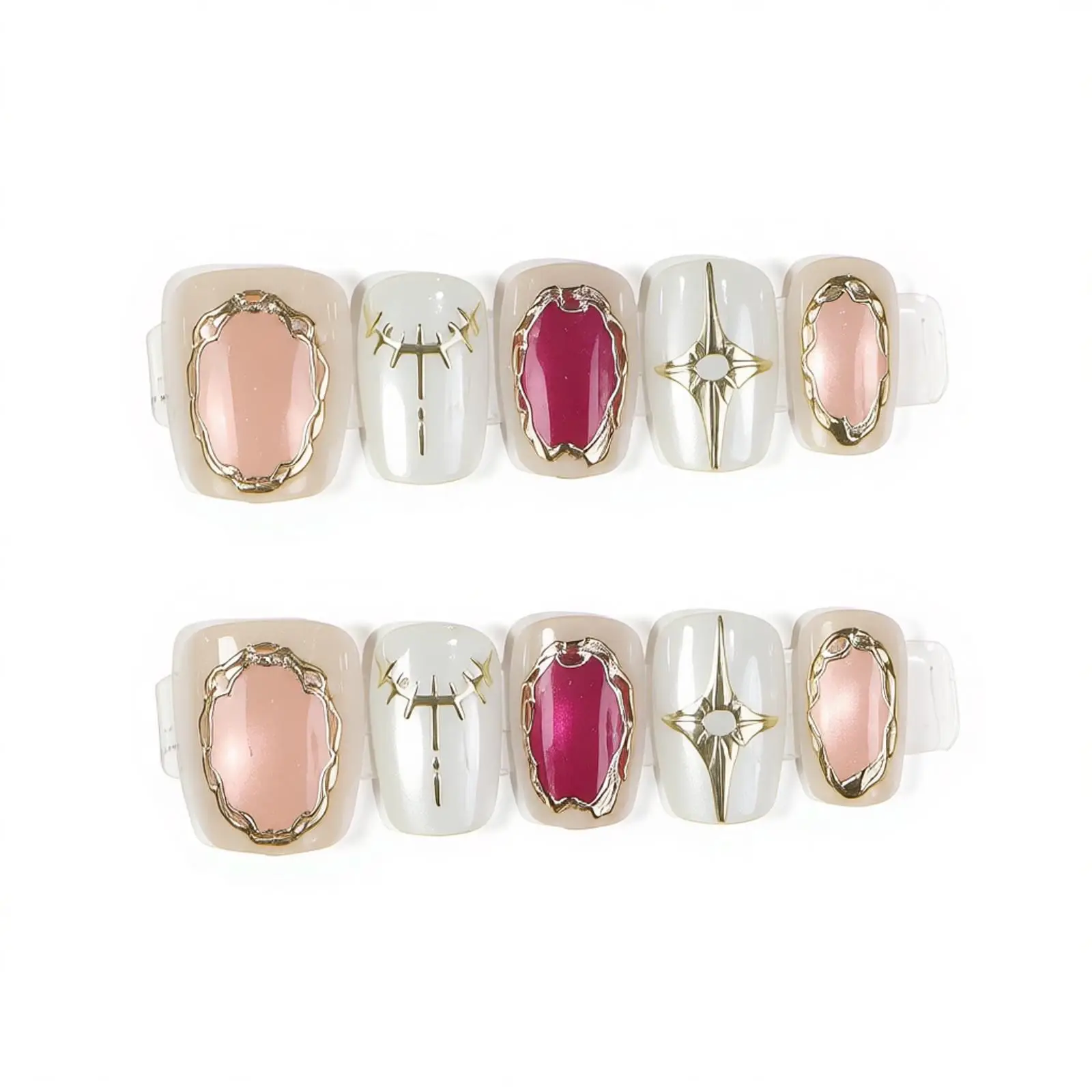 10pcs Vintage Baroque Gem Gold Frame Press On Nails Short Square False Nails Reusable Metal Border Fake Nails For Daily & Party