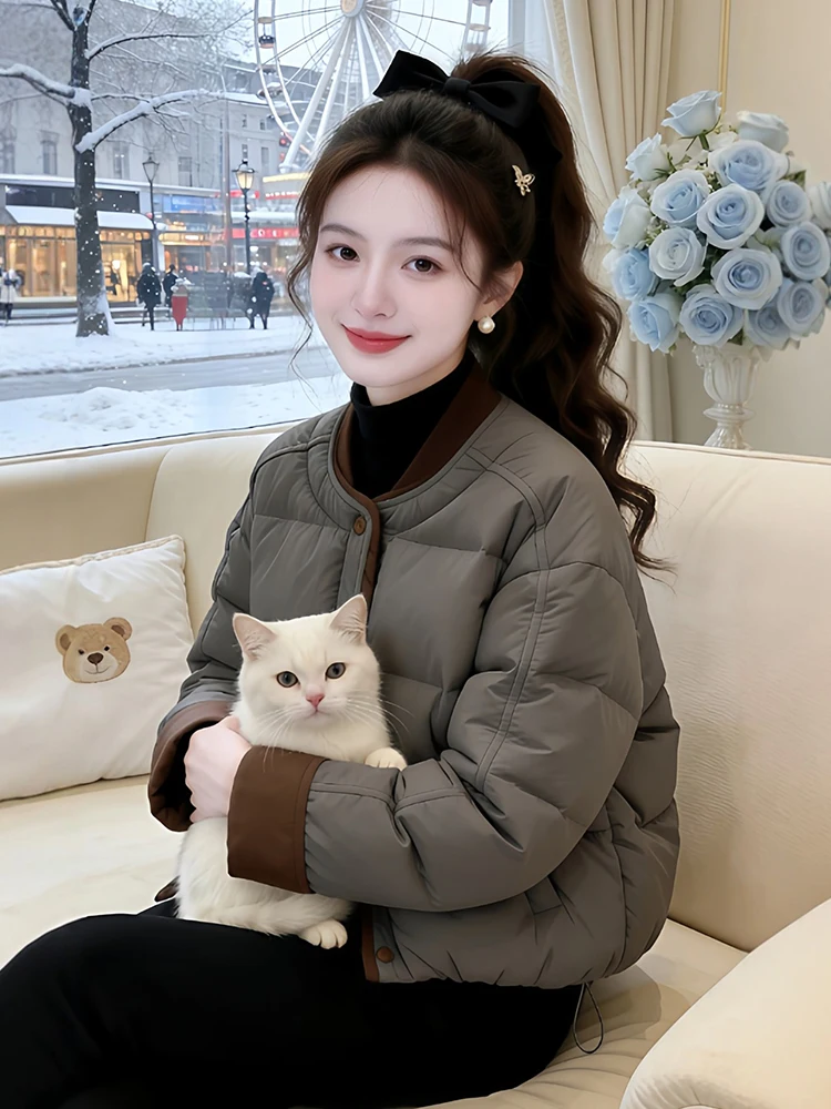 

Korean Sle Commuter Thiened Warm Cotton Jaet Women's Winter New Heavy Work Splicing Color Cotton Coat Long Sve round...