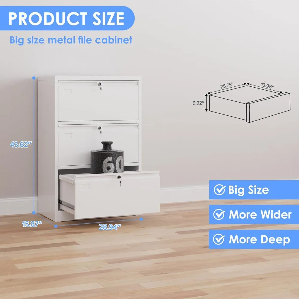 خزانة ملفات جانبية واسعة ذات 3 أدراج لملفات الرسائل، القانونية، F4، A4 - تخزين آمن للقفل مع حامل بطاقة العمل