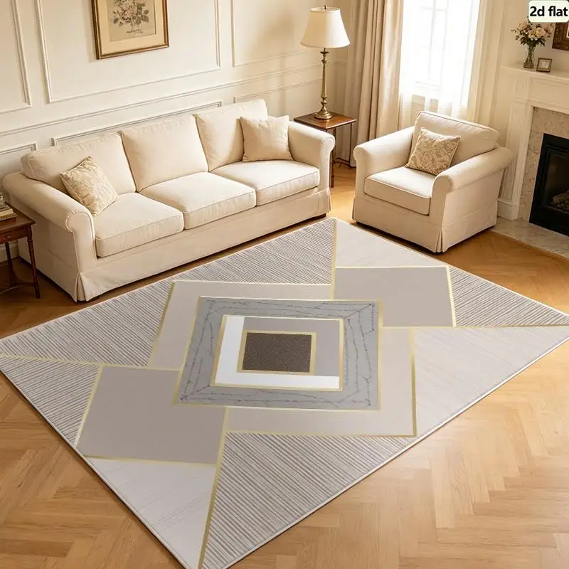 Carpet Flooring Beige Diamond Layer Geometric Square Area Rug Gold Trim Striped Texture Floor Mat Home Decor