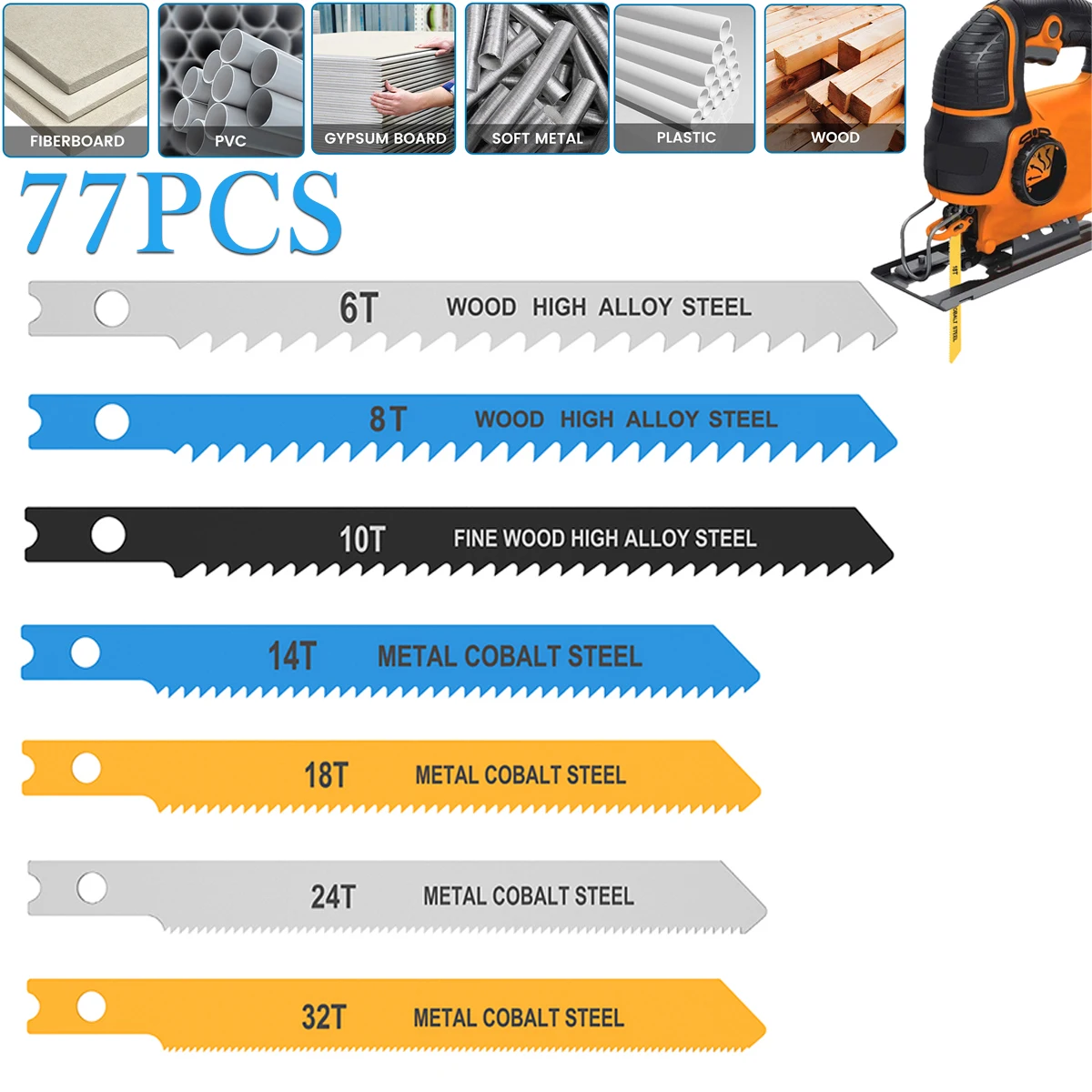 

77/14PCS U-Shank Jig Saw Blades Set 6TPI-32TPI HCS Woodworking Curve Saw Blade for Fast Cutting Wood Metal Plastic