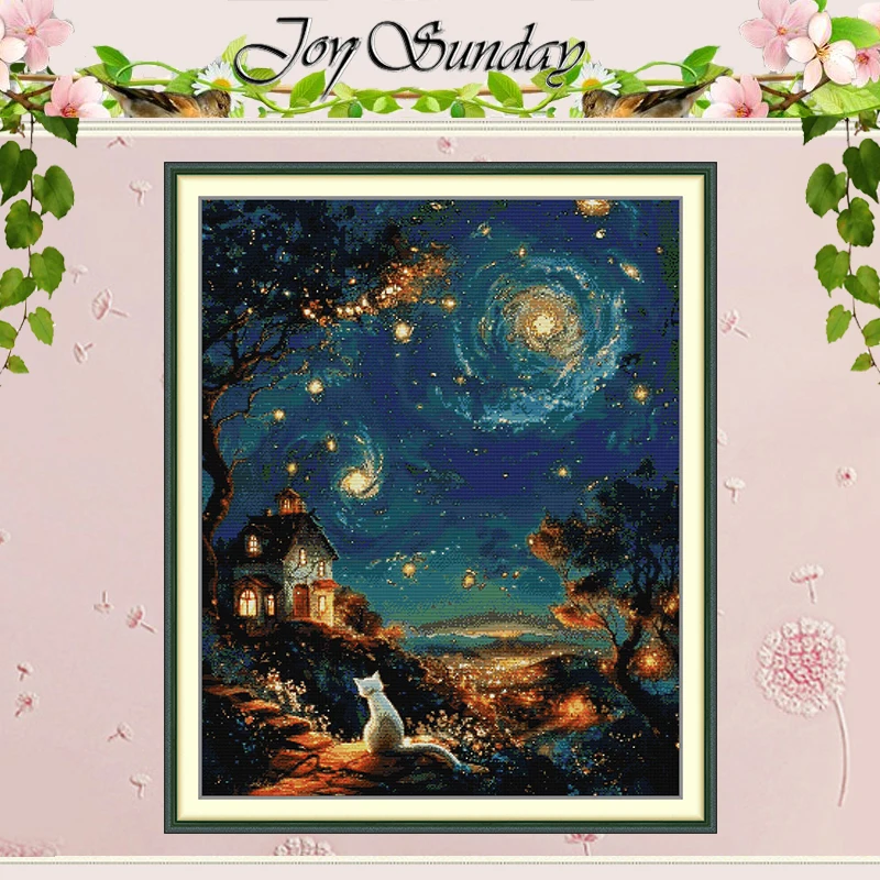 

A Cat Under the Starry Sky Patterns Counted Cross Stitch Set 11CT 14CT 16CT HD Stamped Cross-stitch Kit Embroidery Needlework