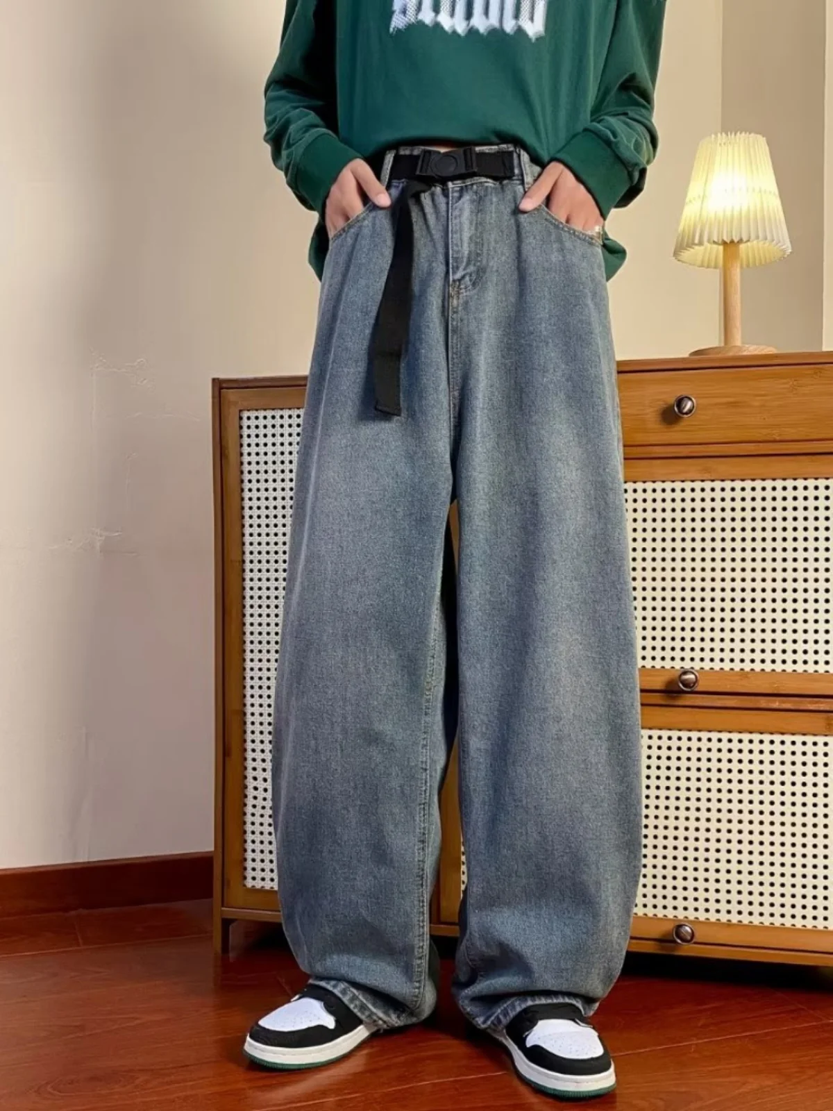 

American Retro Wide Leg Men's Jeans Trendy Brand Haome Belt Design High Street Loose Straight Long Pants Casual Youth Autumn