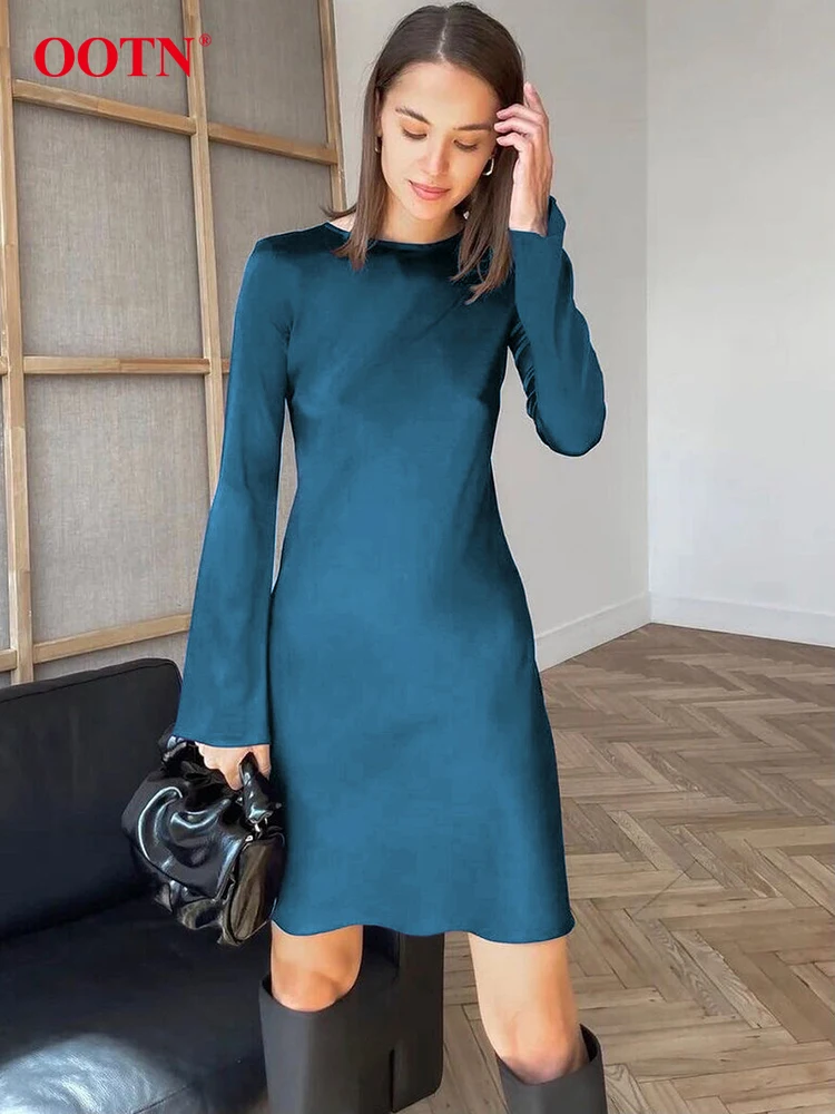 OOTN Satin Graceful A-Line Dress Women Spring O-Neck Office Lady Glossy Flare Sleeve Mini Dress Casual Plain Soft Dress Female