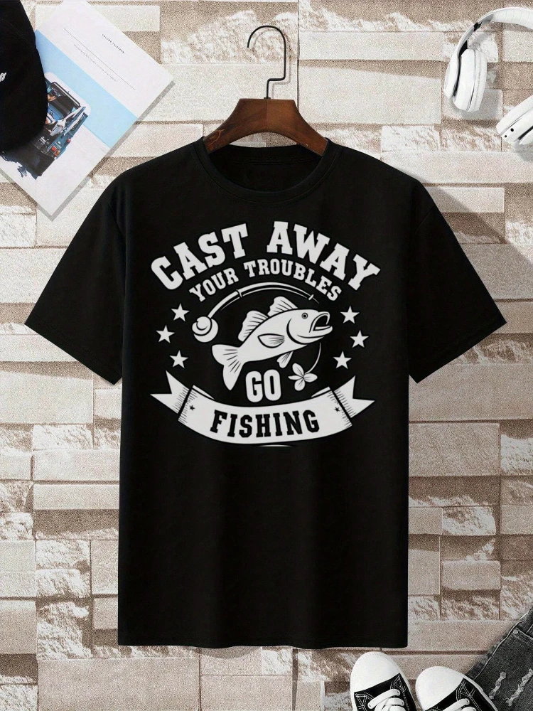 

Fishing Graphic-with"Cast Away Your Troubles"Fish Design-100% cotton summer casual O-neck short sleeve printed men's T-shirt.
