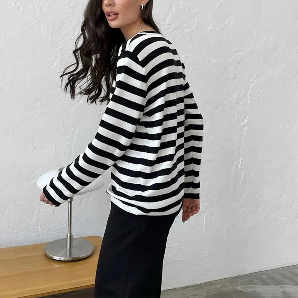 Casual Top Striped Print Sweater Loose Fit Women's Top for Daily Wear with Retro Knitting Design Stretchy Fabric Striped Print