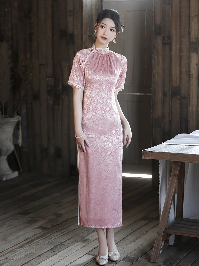 

FZSLCYIYI Elegant Lace Trim Mandarin Collar Chinese Cheongsam Traditional Retro Jacquard Satin Qipao Daily Evening Dress