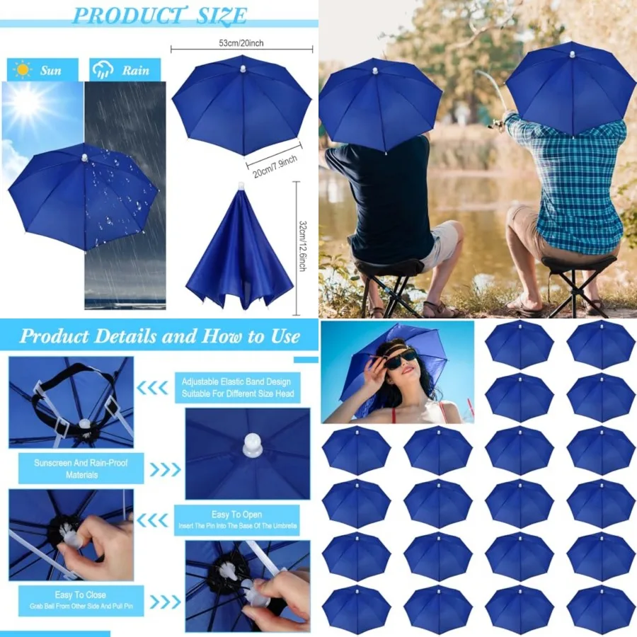 

20 Pieces Umbrella Hat for Adults Waterproof Head Umbrella Cap for Beach Fishing Hiking Camping