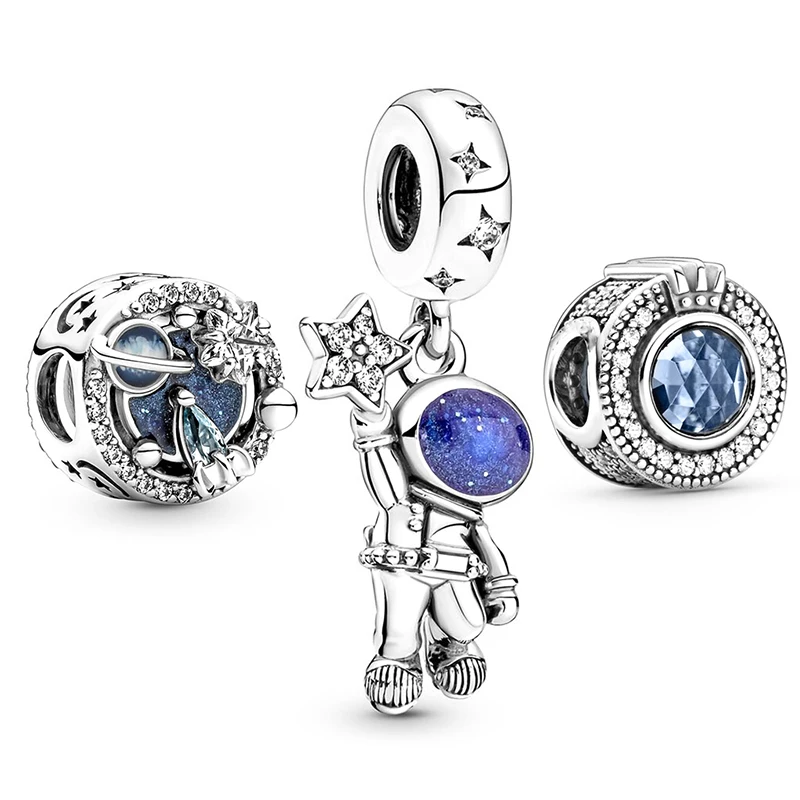 3Pcs/Lot Blue Crystal Astronaut Charms Beads Pendant Fit DIY Brand Charm Bracelets Necklaces For Women Fashion Jewelry Making