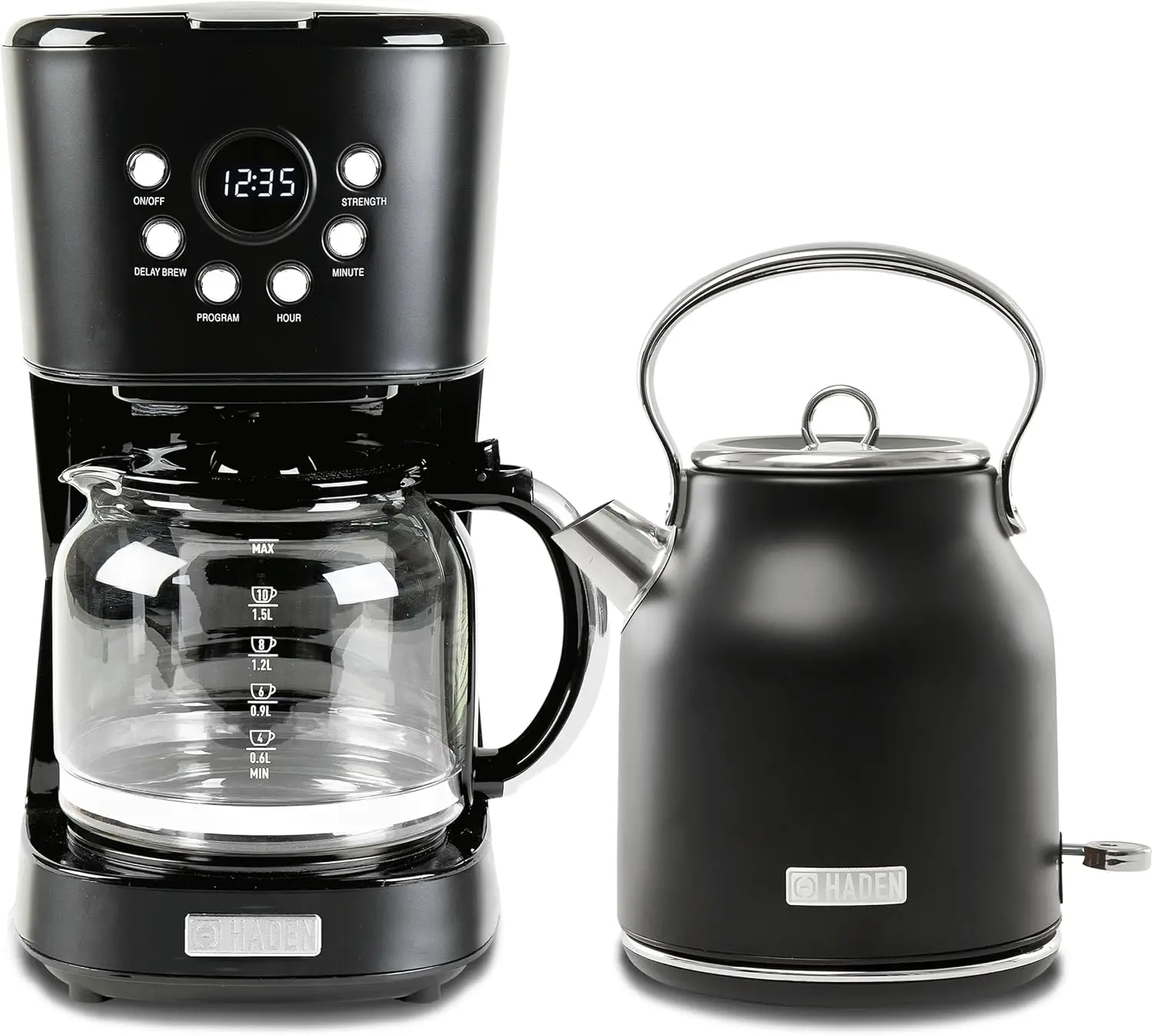 Coffee Machine, 12 Cup Drip Coffee Maker Bundled with Heritage 1.7 Liter Stainless Steel Electric Kettle, Black & Chrome