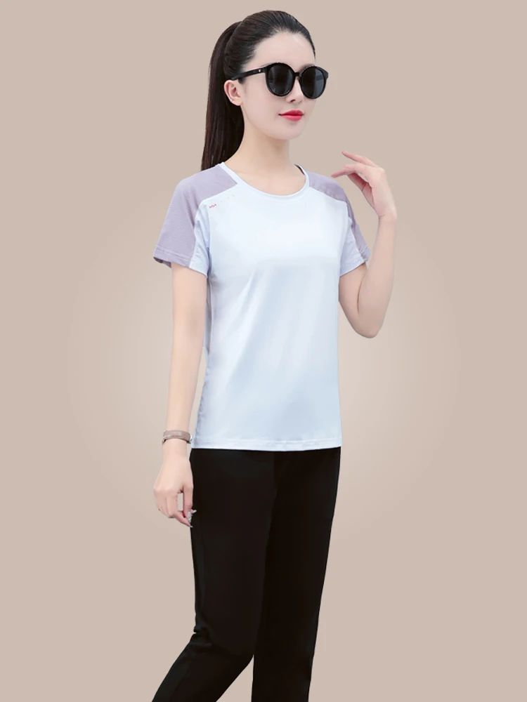 

Faionable Ice Silk Qui Dry Spor Casual Set Women's Summer New round Ne ort Sve T-irt Long Pants Two Piece Set