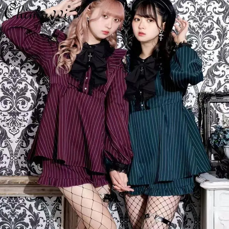 

New Japanese Mine Series Mass-produced Bow Lace Long-sleeved Striped Dress and Shorts Set Autumn Lolita Girl Two-piece Set