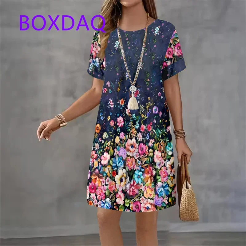 

Fashion Elegant Butterfly Flowers Pattern Womens Dress Plus Size Summer Street Flower Print Short Sleeve Loose Casual Mini Dress