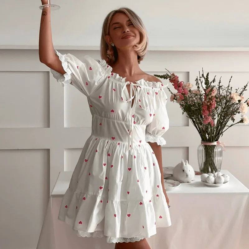 

Trendix Off Shoulder Print Mini Dress For Women High Waist Print Lace Up Short Dresses Summer Fashion Ruffle Slim Party Dress