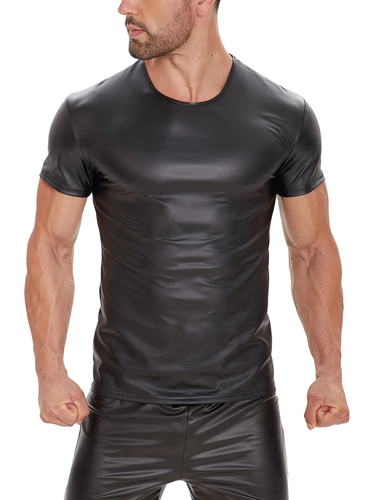 ماتي لامعة الأسود تانك القمم الرجال ضيق بولي Leather تي شيرتات جلدية مثير كلوبوير القمم رجل الملابس مطاطا المشكل فاسق الموضة