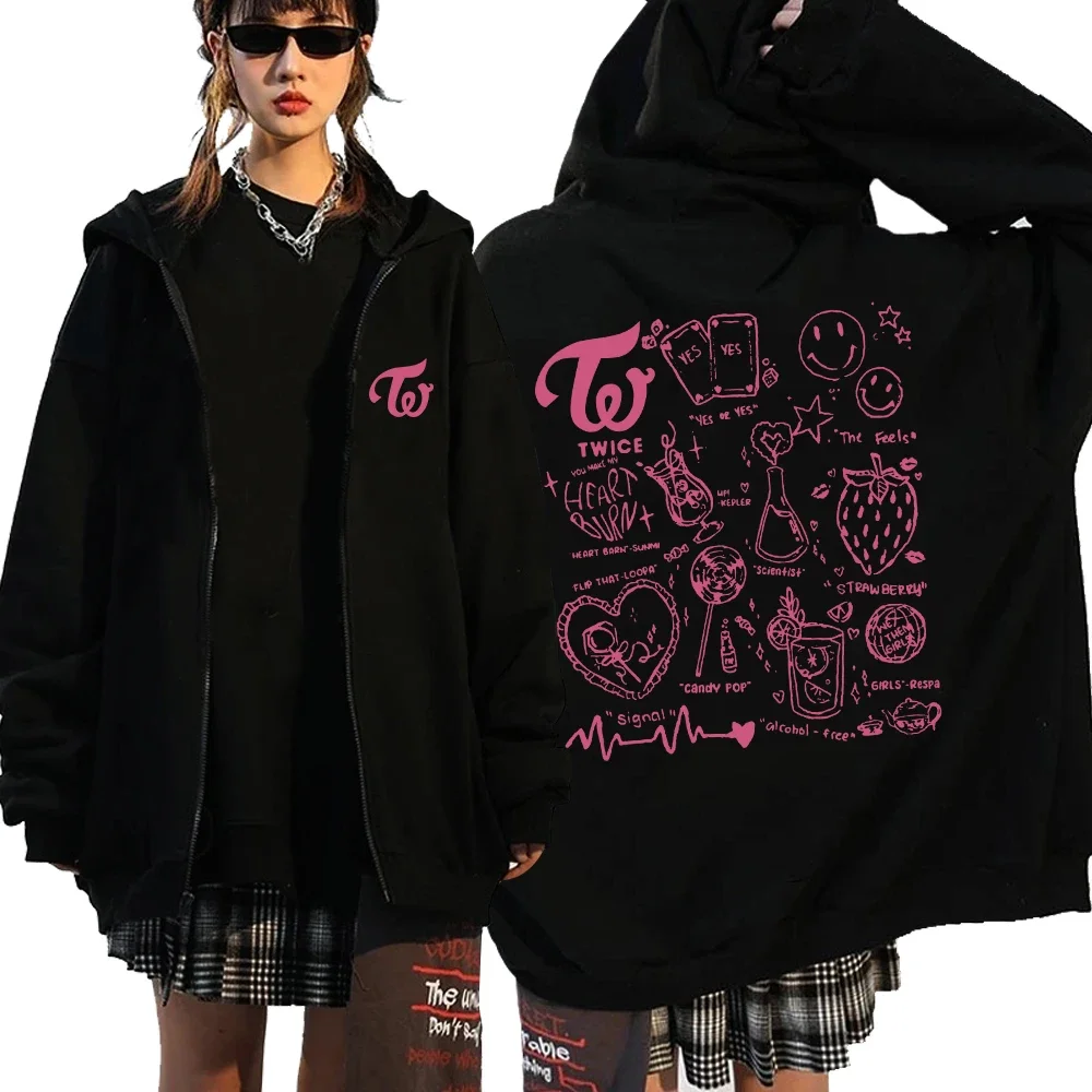 

Twice Kpop Album Print Hoodie Sweatshirts Long Sleeve Pullover Clothes Zip Up Hoodie Men Women Retro Style Hip Hop Rap Zipper