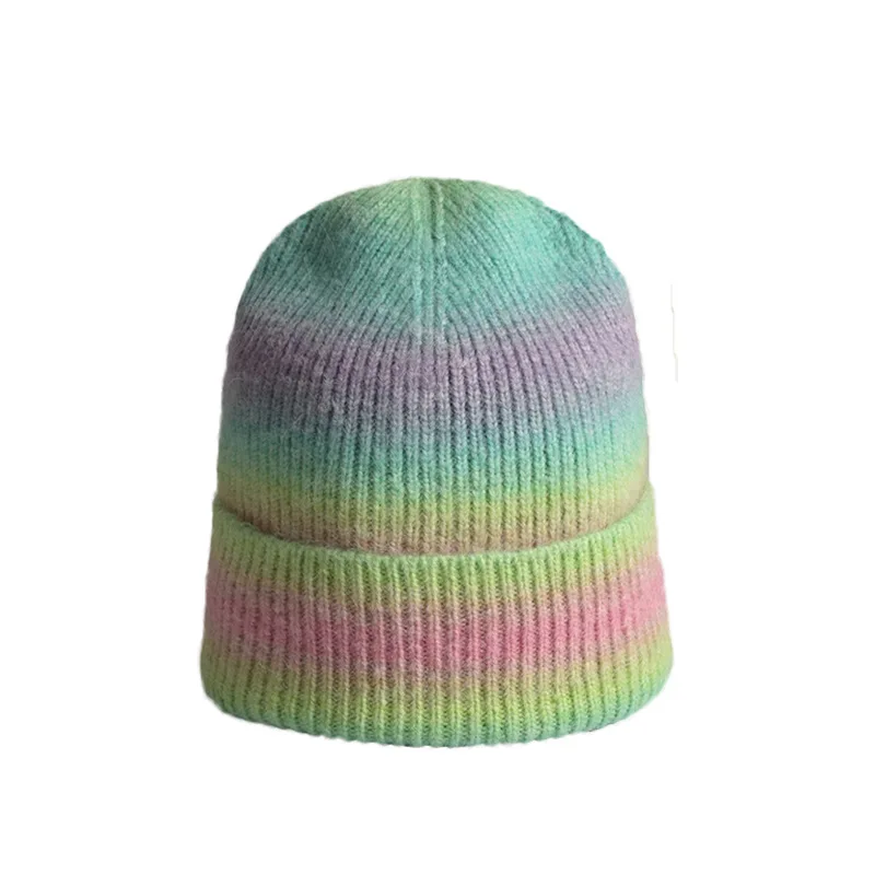 Winter Hats For Women Wool Knitted Hat Big Head Rainbow Gradient Color Warm Beanies Boys Girls Outdoor Windproof Gorra Mujer