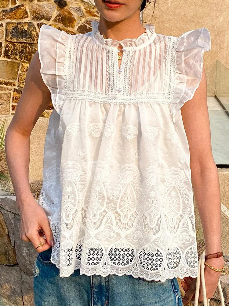 JHJN Hollow Out Lace Crochet Ear Fungus Edge Stand Collar Tencel Shirt Französische Damenbekleidung Socialite Style Ärmelloses Top