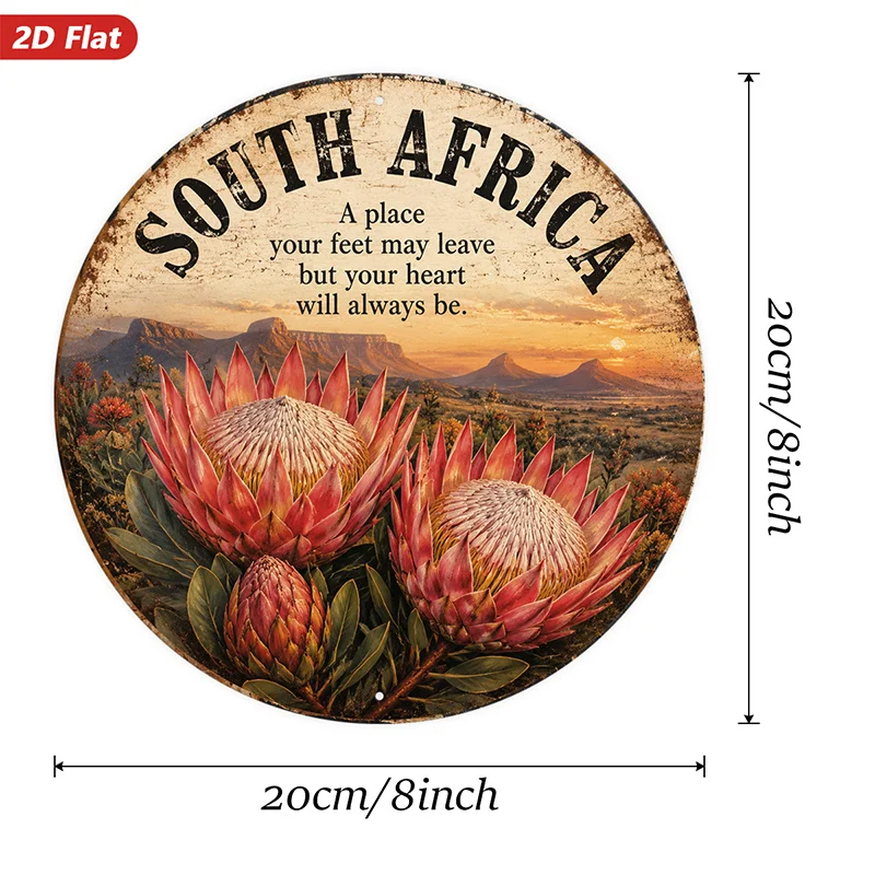 2D Flat, 1pc South Africa Protea Round Metal Sign Wall Art, Your Heart Will Always Be, Pink Protea Flowers, Ideal for Kitchen Co
