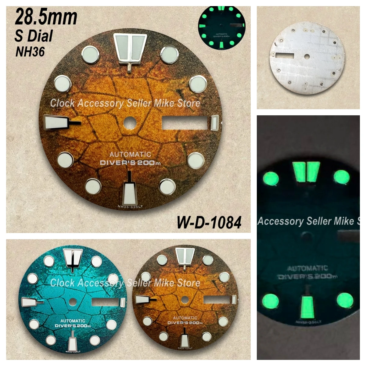 

28.5mm S Logo Diving Dial for NH35/NH36/4R/7S Movements C3 Green Luminous Tree Leaves Watch Modification Accessories