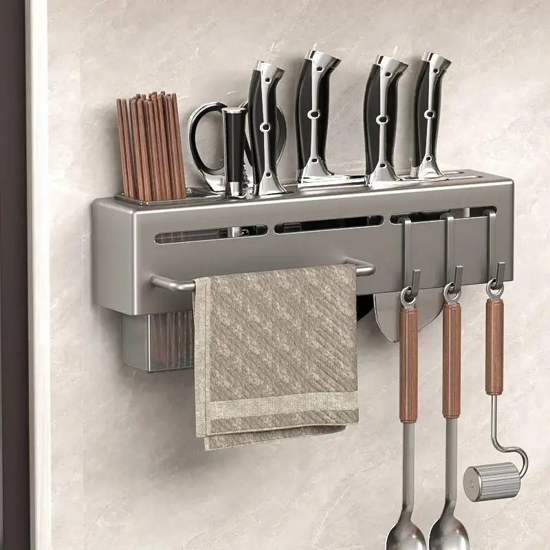 Suporte de Armazenamento de Cozinha em Aço Inoxidável Multifuncional para Temperos, Facas e Hashis com Gancho de Parede – Não...