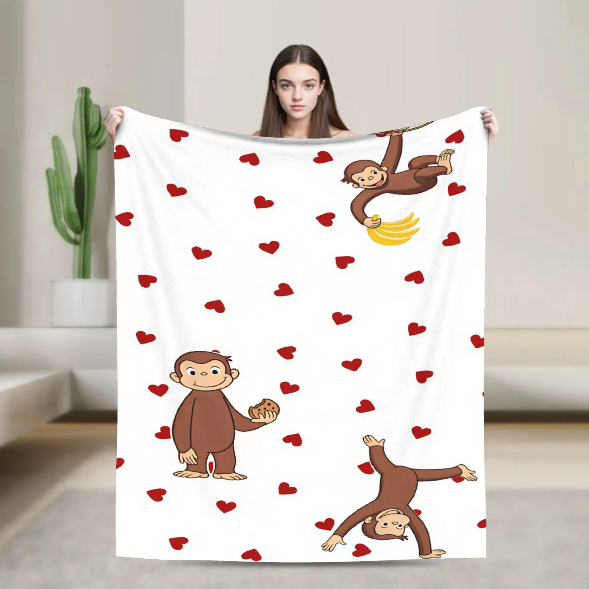 Soft Throw Blanket Travel Office Curious George Red Hearts Blanket  Flannel Bedspread For Couch Chair Aesthetic Sofa Bed Cover