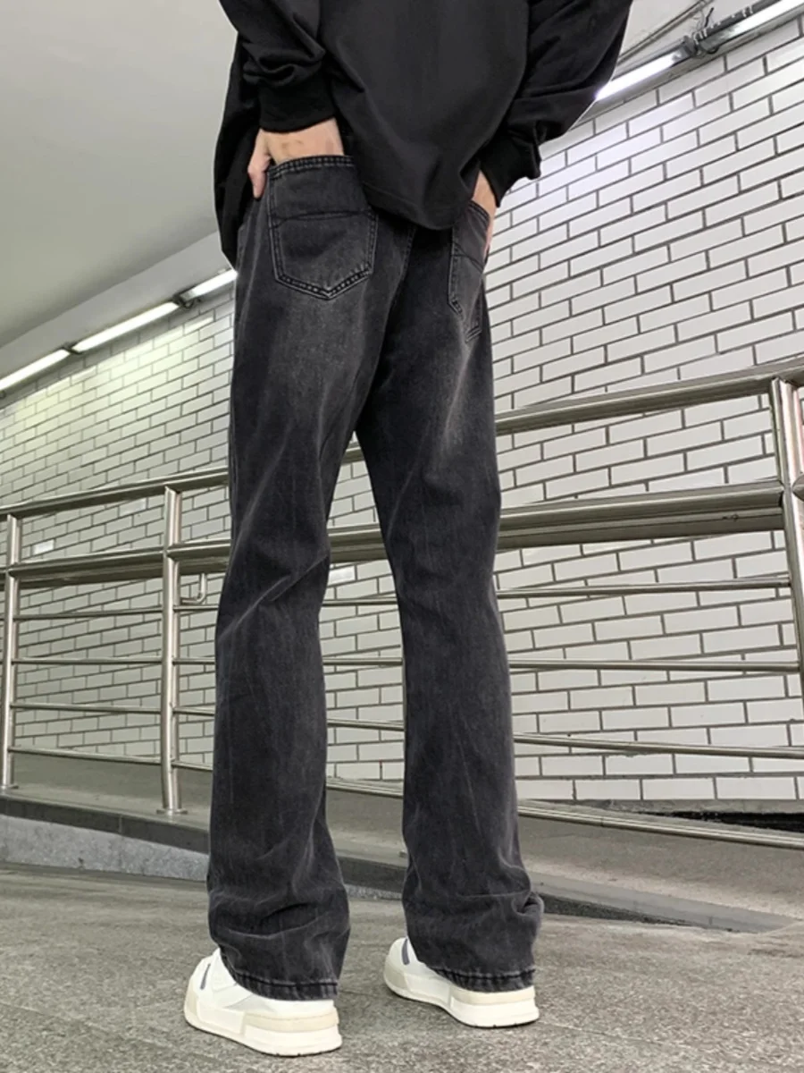 

Retro Washed High Street Casual Black Grey Micro Flared Men's Jeans Loose Straight Leg Denim Pants Youth Trend Spring Autumn ...