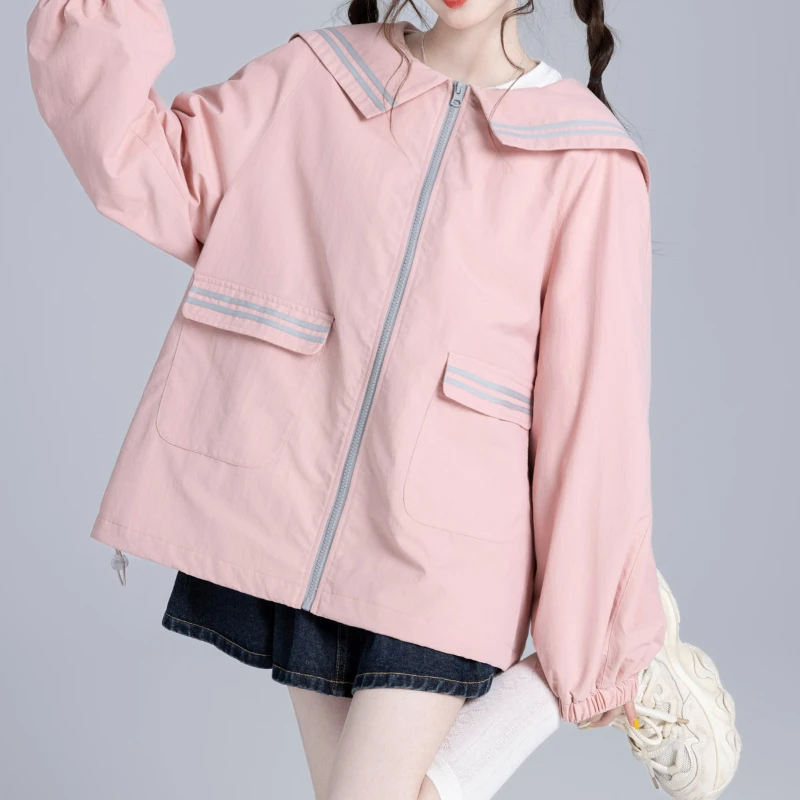 2024 New Japanese JK Uniform College Wind Autumn Winter Sweet Sailor Collar Pink and White Color Pocket Zipper Jacket For Women