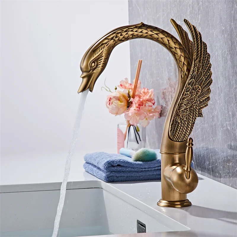 

Gold Swan Bathroom Faucet Antique Brass Basin Faucet Mixer Tap Chrome Wash basin Faucet Hot and Cold Waterfall