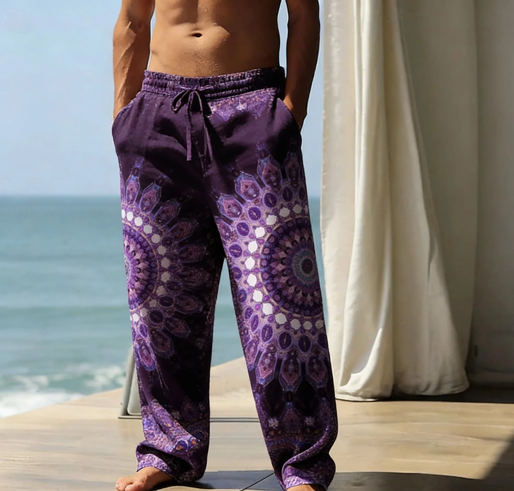 Men's Summer Thin Casual Wide-Leg Trousers, Versatile Retro Mandala Pattern Print