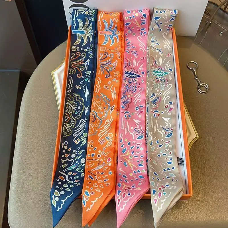 Blumenflecken, mehrfarbig, feine Linien, kleine Seidenschals, Frühlinginsel, kleines Stirnband, Mädchen, dekorativer kleiner Streamer, 5 x 90 cm