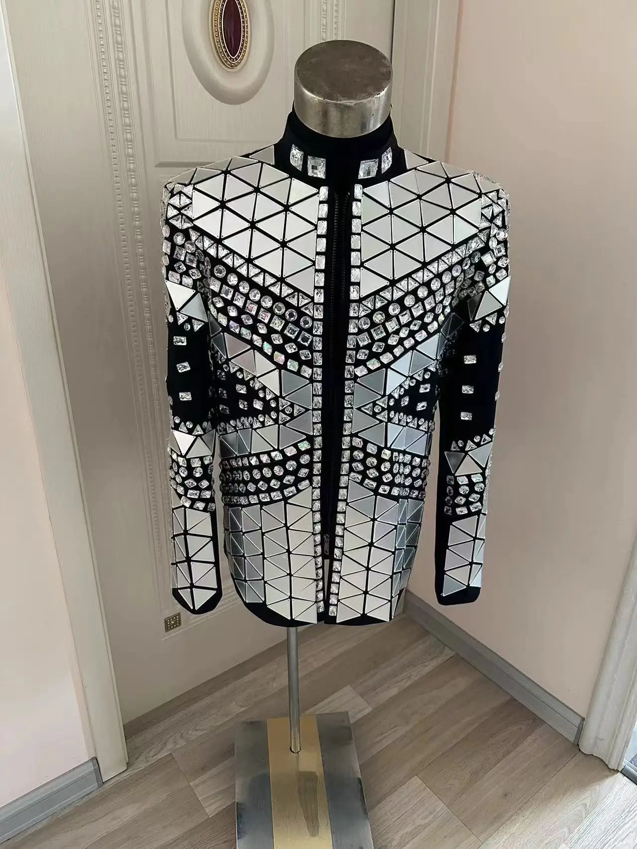 

Handmade Royal Style Silver Lens Sequined Slim Jacket Stage Show Performance Coat Bar Club Singer Dance Dress