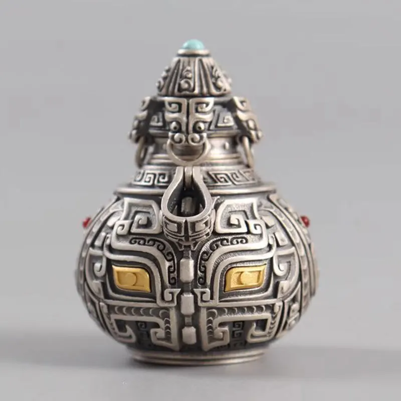 

Мистический брелок Taotie & Gourd, тибетский серебряный декор для ключей от машины, подвеска в китайском стиле с гравировкой в стиле ретро для автомобилей (Lucky Charm)