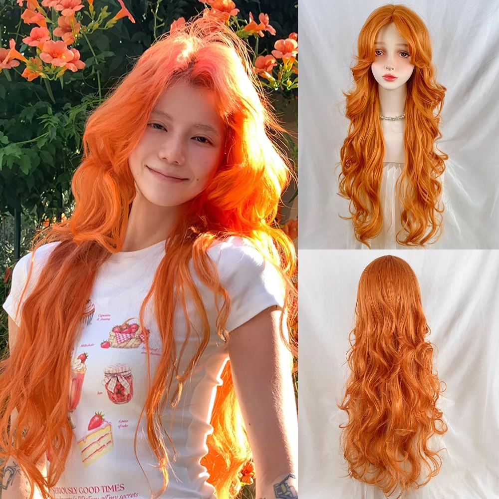 

Orange Long Wavy Synthetic Layered Wigs Middle Part Lolita Cosplay Women Fluffy Wig Heat Resistant for Daily Party