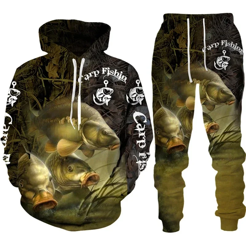 Novelty 3D Fish Printed Men Women Hoodie And Pants 2pcs Sets Camo Fishing Hunting Camping Clothes Fashion Outdoor Sportswear Set