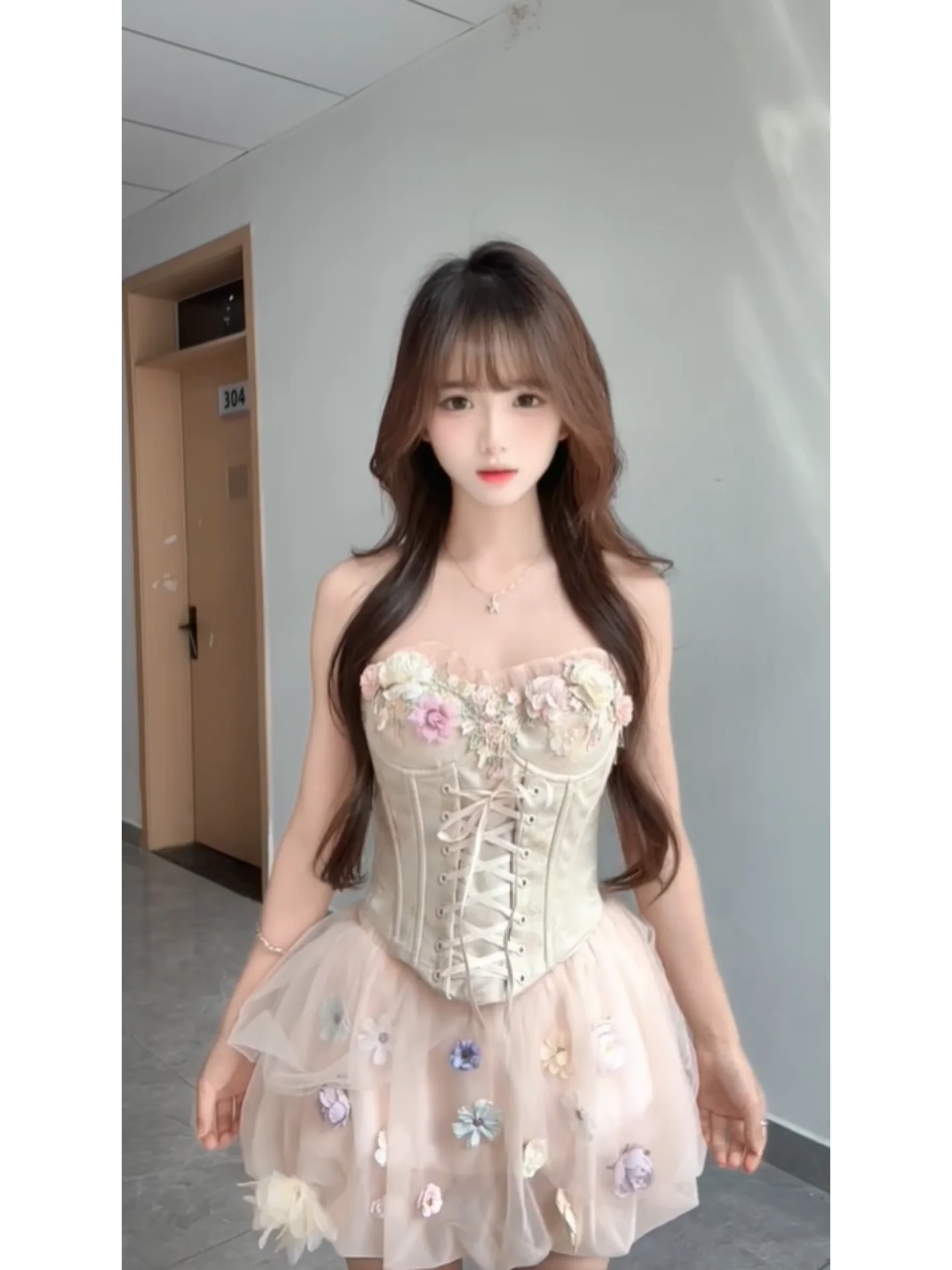 

Princess Style Pure Desire High Waist Women's Summer Fishbone Waist Crops Top 3D Flower Puffy Skirt Two-Piece Set