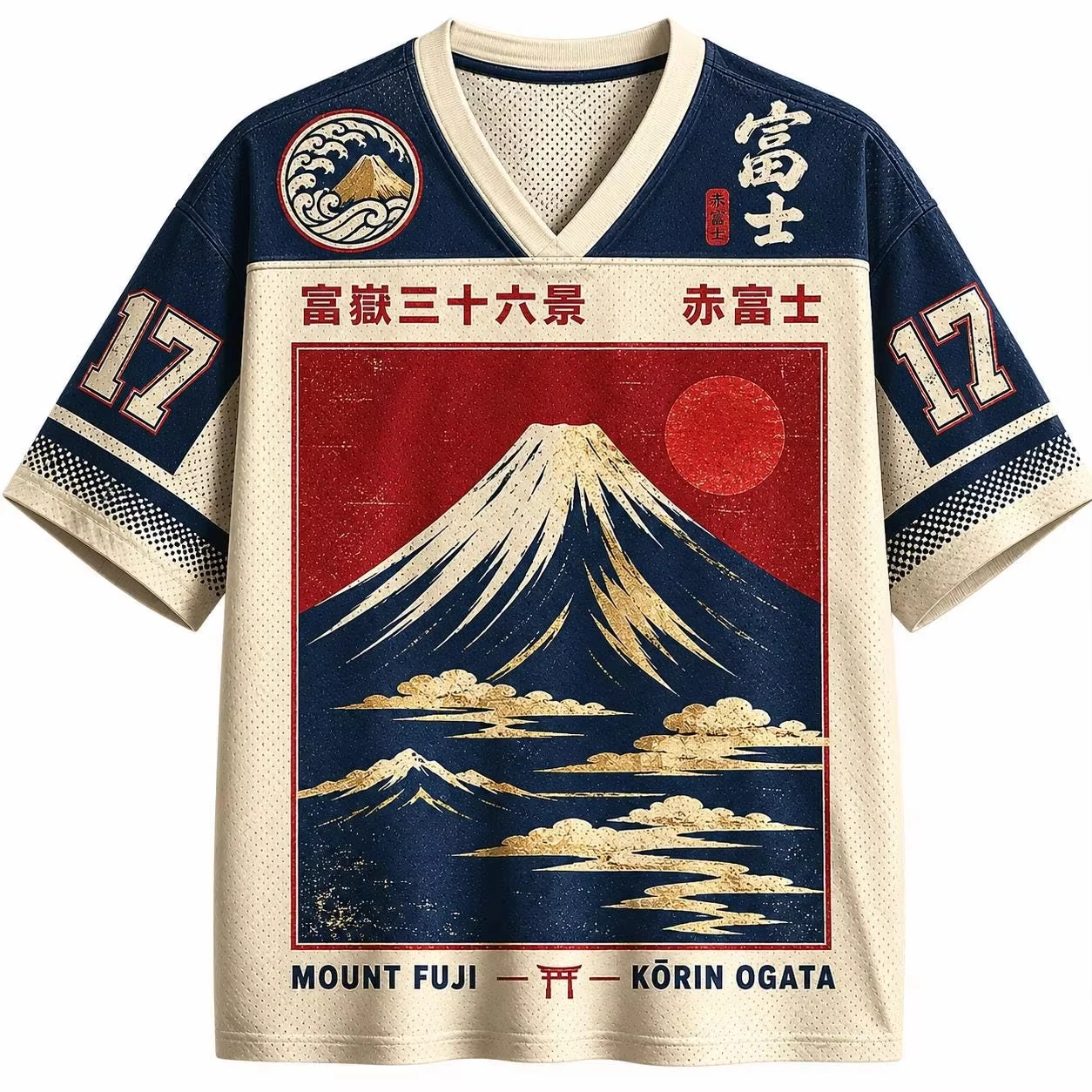 Retro Japanese Ukiyo‑e Art Mount Graphic V‑Neck Tee Unisex Kanji Print Harajuku Y2K Street Fashion Loose Short‑Sleeve Shirt