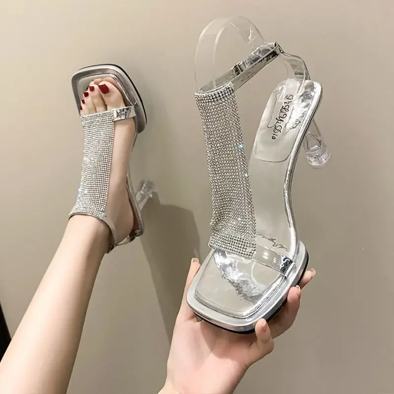 

Footwear Transparent Ladies Shoes High Heels Sandals for Women Thick Heel Summer 2023 Rhinestones Block Heeled Pumps Chunky