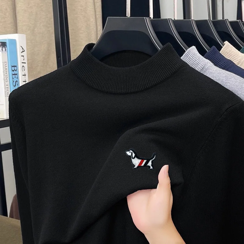Men's New Spring Knitted Pullover Round Neck Soft and Slim-Fitting Sweater Pure Color with Embroidery Dog Pattern Mens Wear Tops