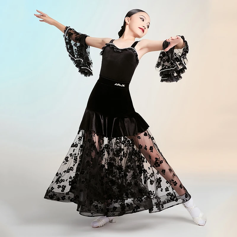 Vestido de dança de salão preto, roupas de dança modernas padrão para meninas, sem mangas, conjunto de saia, roupas de competição de valsa 2648